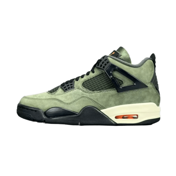 Nike Air Jordan 4 Retro Green Suede sneakers with black accents and visible air cushioning in sole