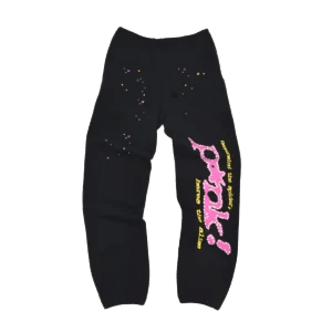 Repsgoat black sweatpants with pink graphic text and multicolor paint splatter cotton blend material